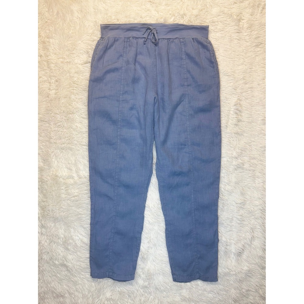 Flax 100% Linen Blue Drawstring Waist Front Seam Relaxed Fit Pants Large